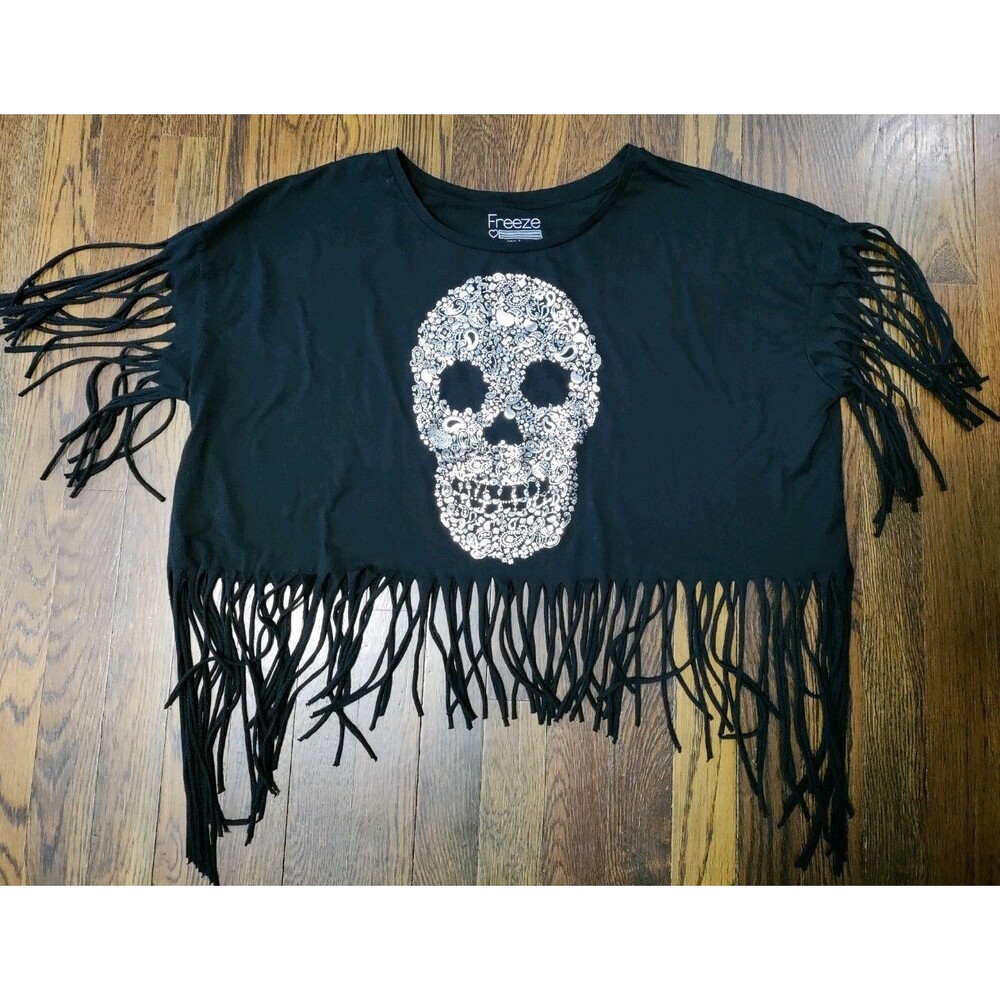 Skull Crop Top Women's XXL Black Sliver Paisley Fringe Grunge Biker Rocker Tee